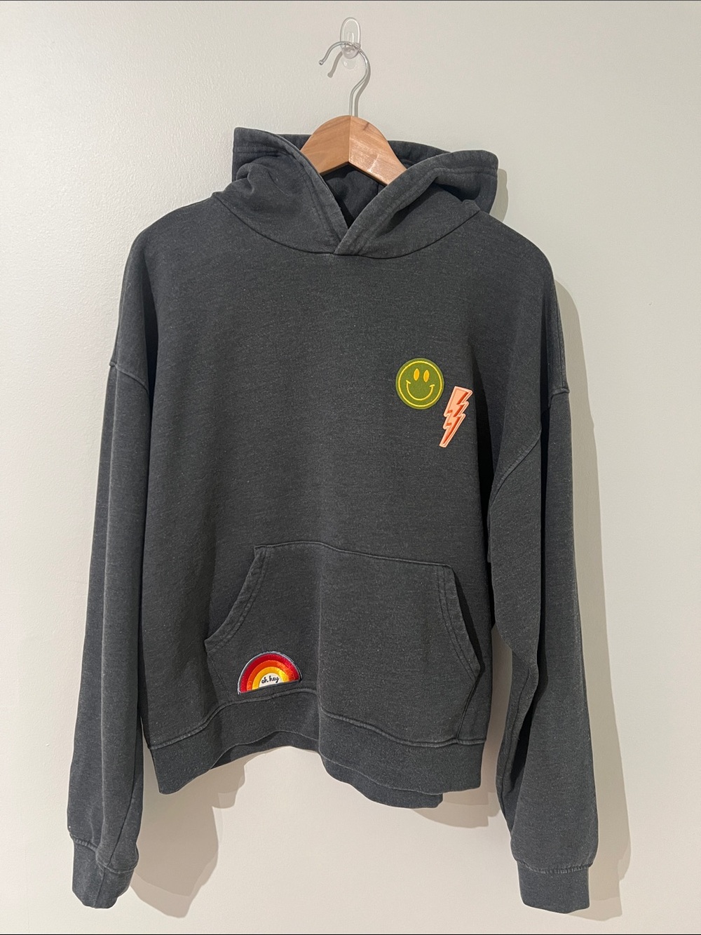 Marine Layer Margo Graphic Smiley Rainbow 🌈 Hoodie Distressed Grey • Size XL